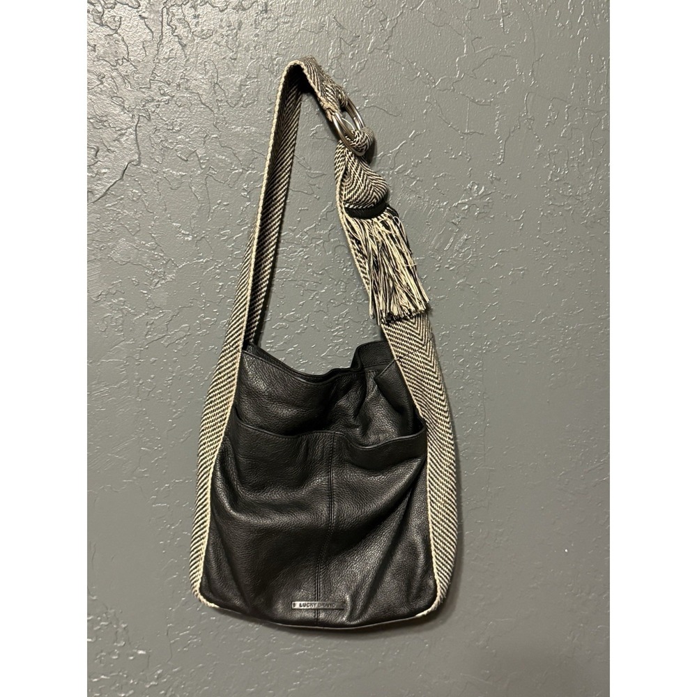 Lucky Brand Adyn Hobo Bag Genuine Leather & Suede Black White